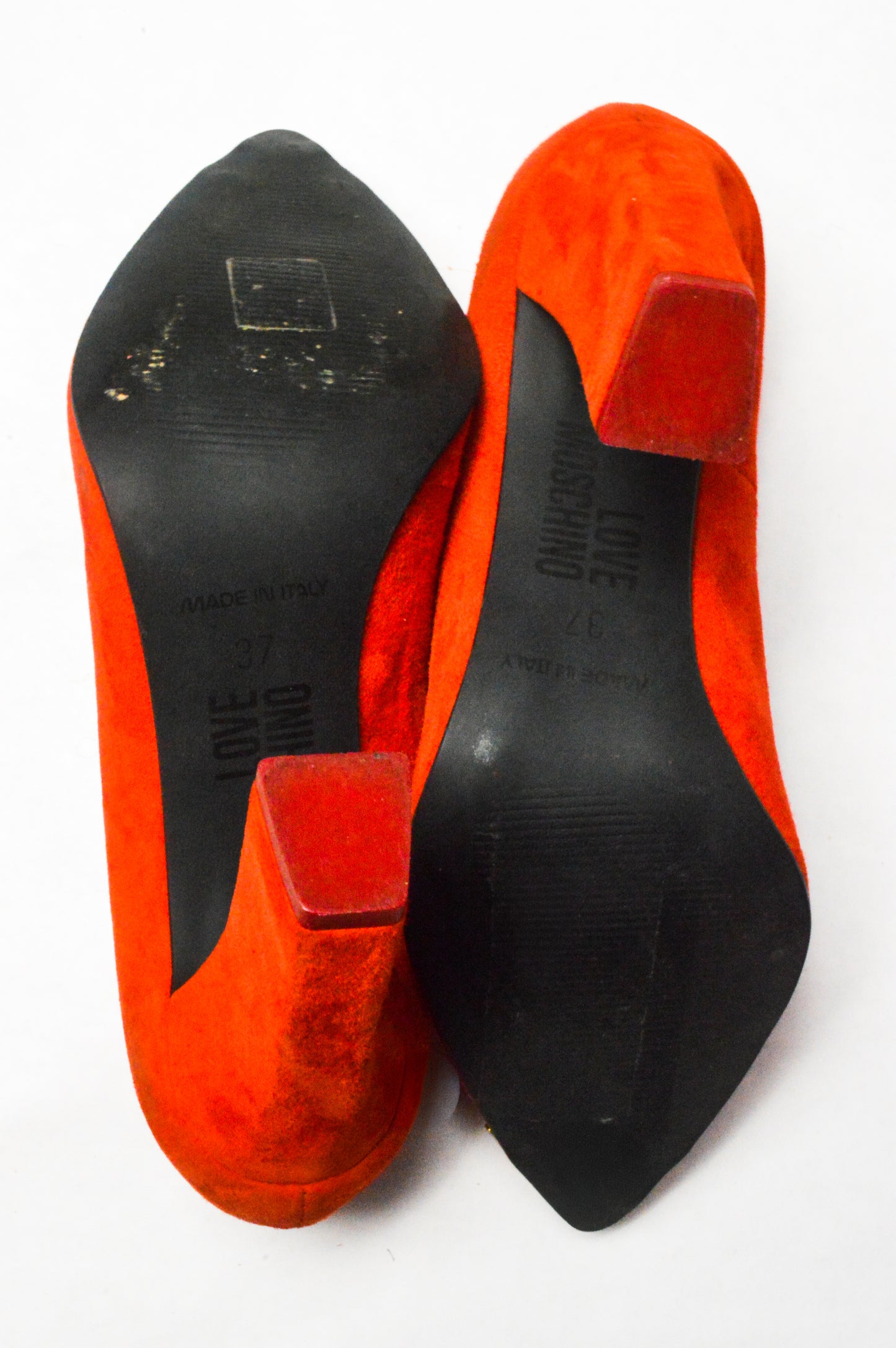 Red Moschino Love Pumps with Gold Studded Hearts