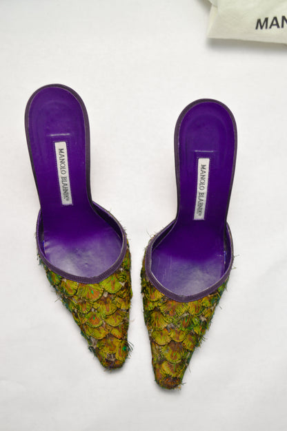 Rare Manolo Blahnik Peacock Feather Mule, AW’ 97