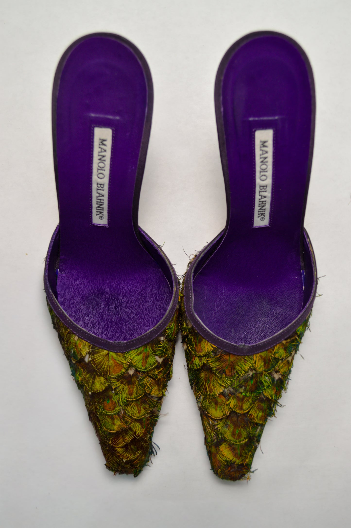 Rare Manolo Blahnik Peacock Feather Mule, AW’ 97