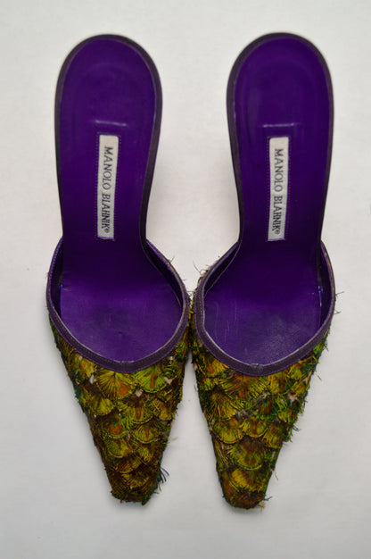Rare Manolo Blahnik Peacock Feather Mule, AW’ 97