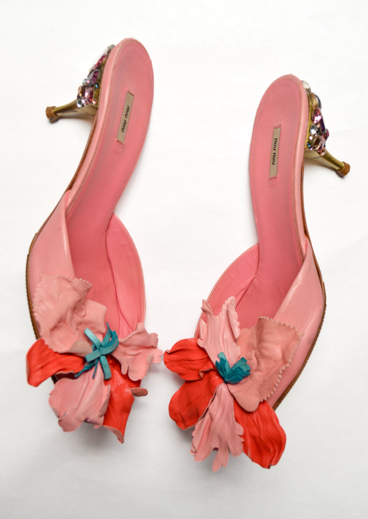 Pink Miu Miu Flower Mules with Bejeweled Heels
