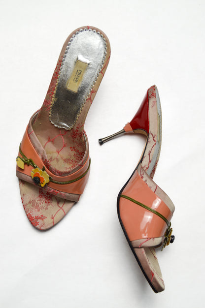 Prada Dusty Pink Heel Slides with Flower and Patent Leather