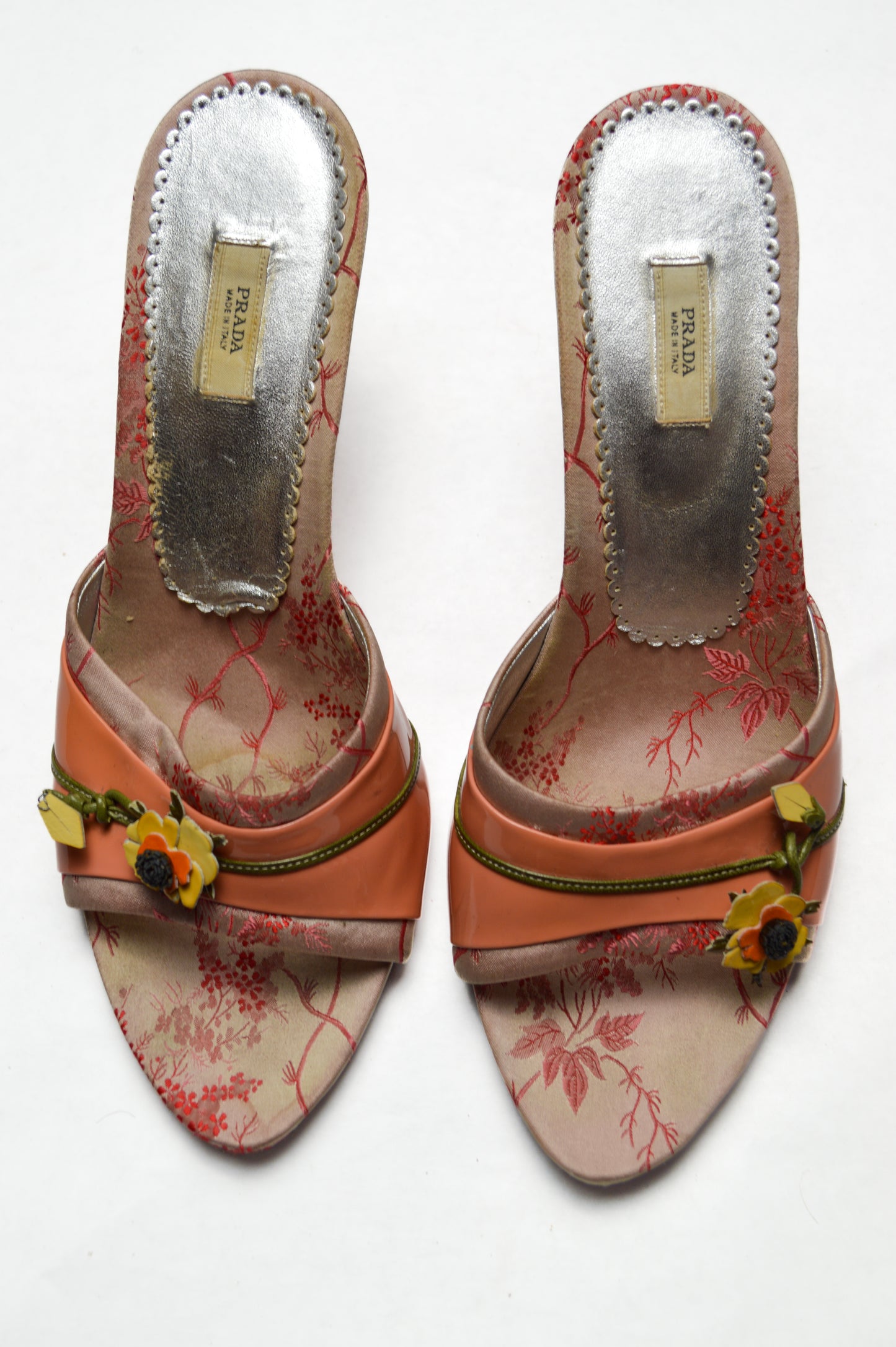 Prada Dusty Pink Heel Slides with Flower and Patent Leather