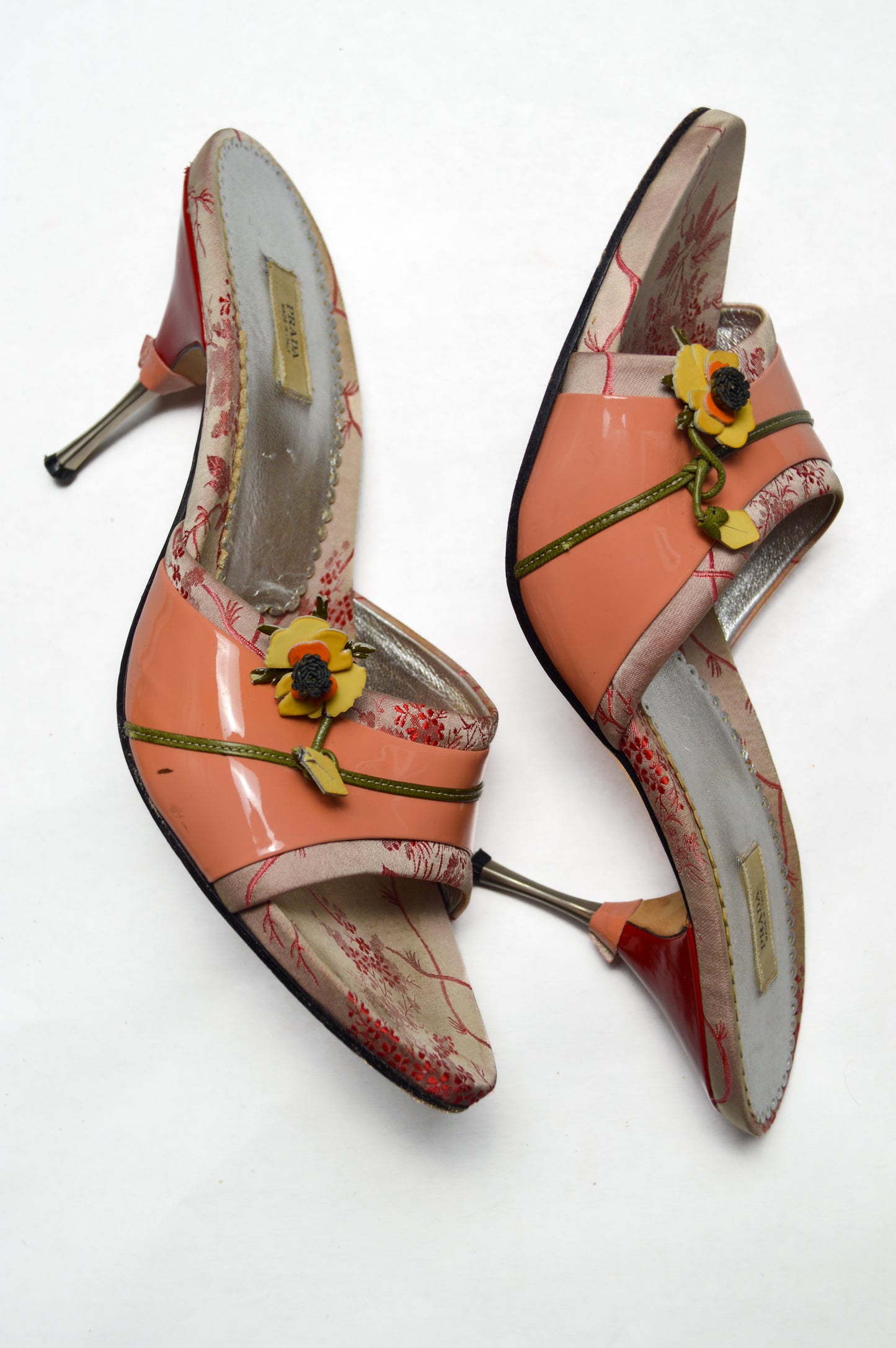Prada Dusty Pink Heel Slides with Flower and Patent Leather