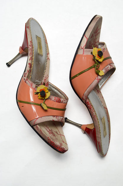 Prada Dusty Pink Heel Slides with Flower and Patent Leather