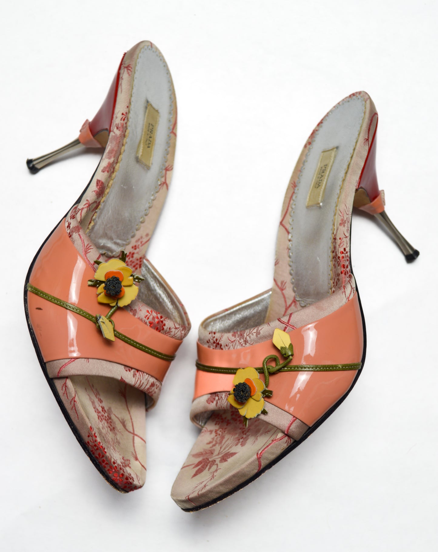 Prada Dusty Pink Heel Slides with Flower and Patent Leather