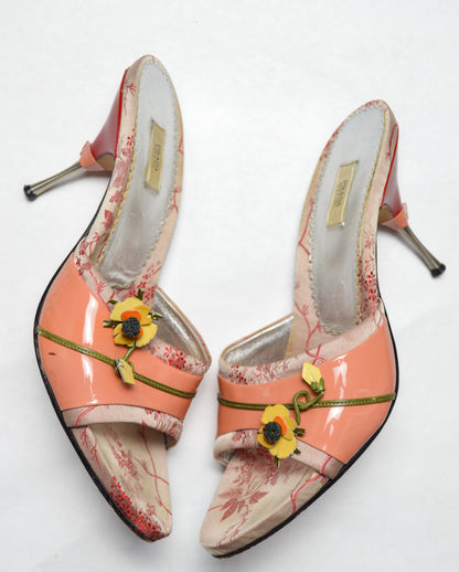 Prada Dusty Pink Heel Slides with Flower and Patent Leather