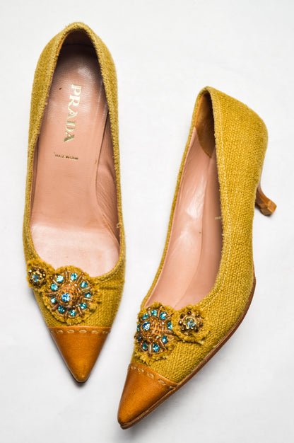 Golden Brown Tartan Prada Mules With Blue Rhinestones and Charms