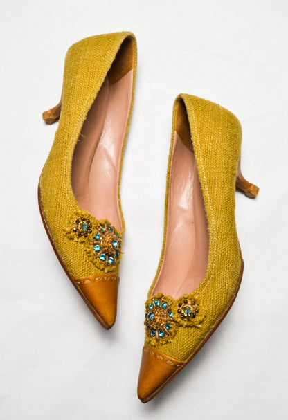 Prada Women's Yellow and Gold Mules