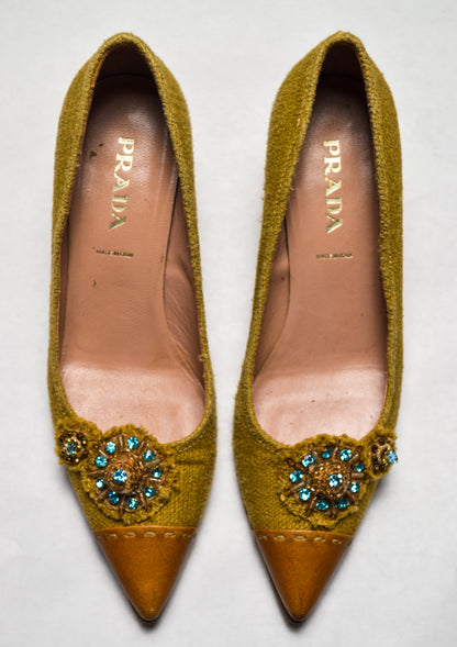 Golden Brown Tartan Prada Mules With Blue Rhinestones and Charms