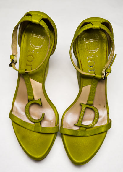 Chartreuse Christian Dior Leather Wedges With Flower Embroidery