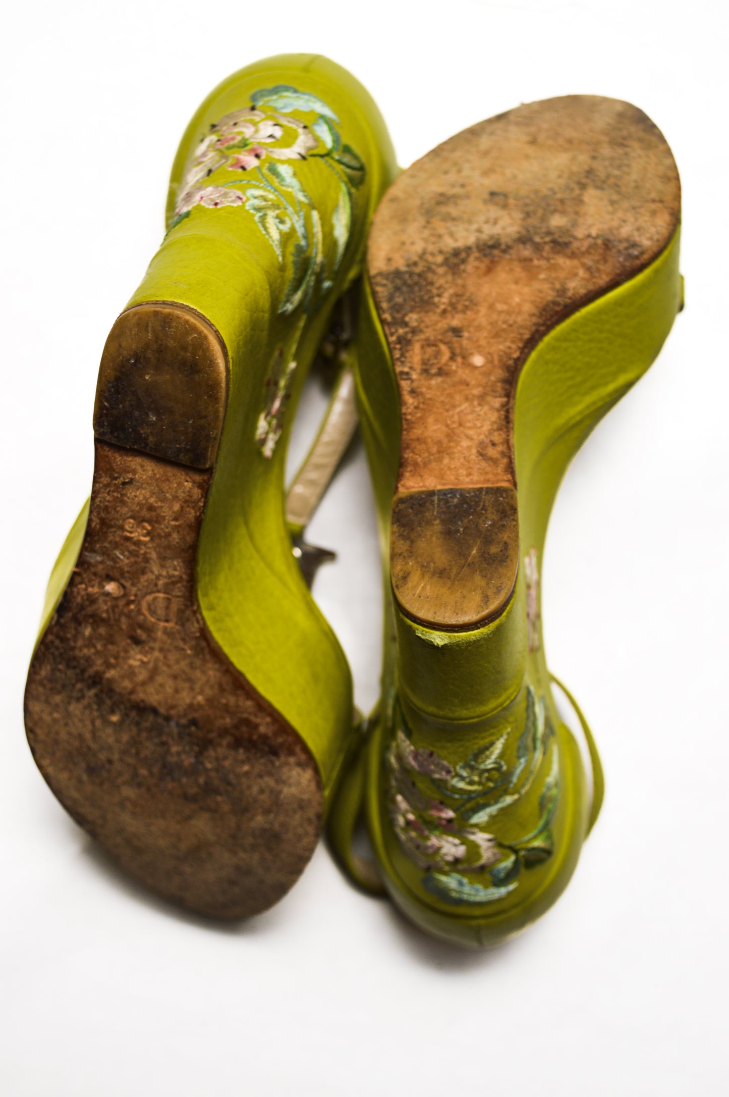 Chartreuse Christian Dior Leather Wedges With Flower Embroidery