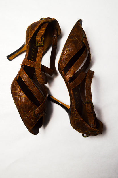 Brown Christian Dior Quilted Leather D'Orsay Pumps With Hanging Letters