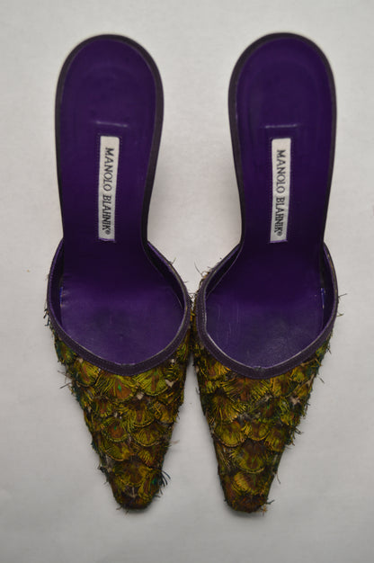 Rare Manolo Blahnik Peacock Feather Mule, AW’ 97