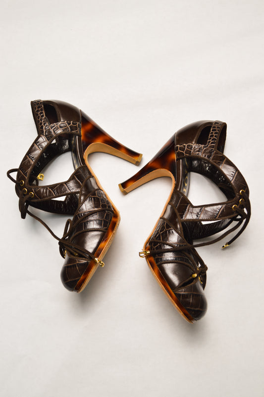 Dior Brown and Gold Heels With Leopard Print