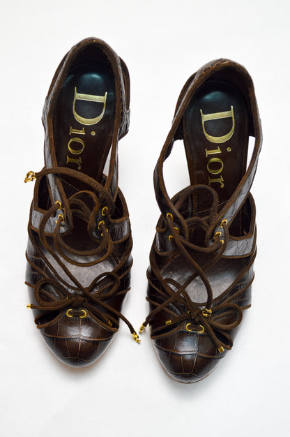 Dior Brown and Gold Heels With Leopard Print