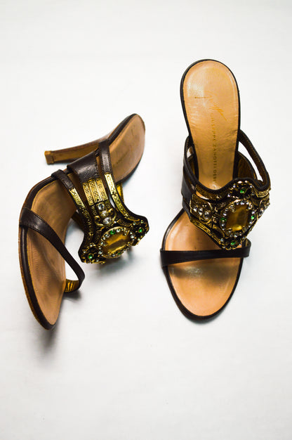 Brown Giuseppe Zanotti Heels Embellished With Gold And Green Rhinestones