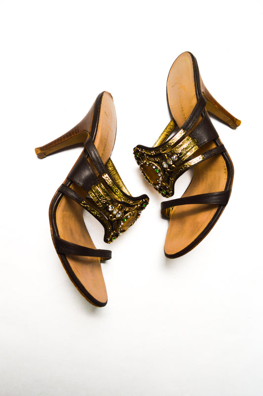 Brown Giuseppe Zanotti Heels Embellished With Gold And Green Rhinestones