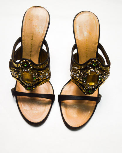 Brown Giuseppe Zanotti Heels Embellished With Gold And Green Rhinestones