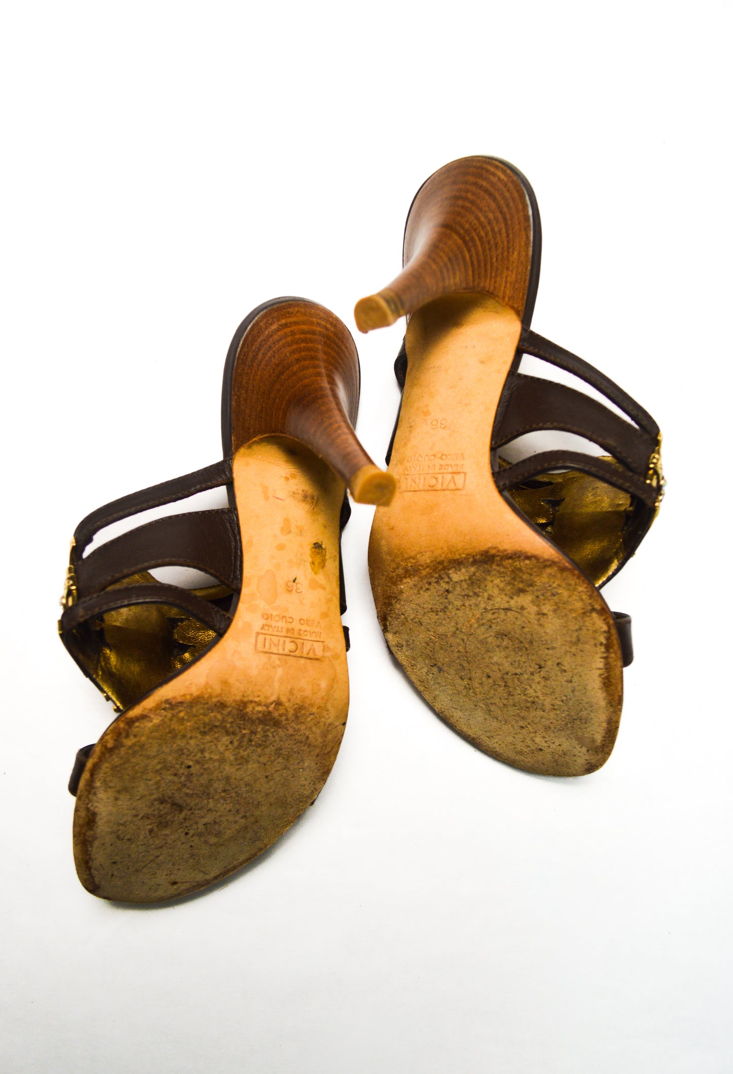 Brown Giuseppe Zanotti Heels Embellished With Gold And Green Rhinestones