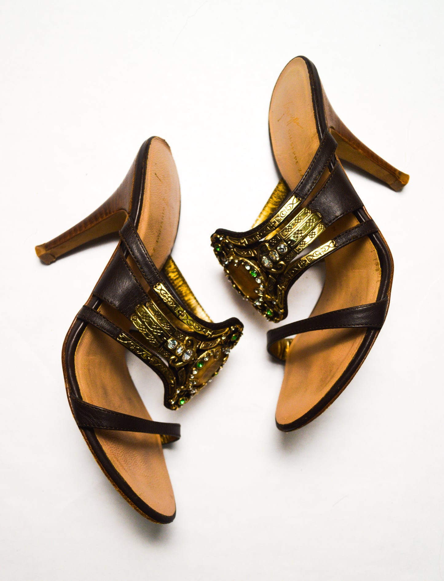 Brown Giuseppe Zanotti Heels Embellished With Gold And Green Rhinestones