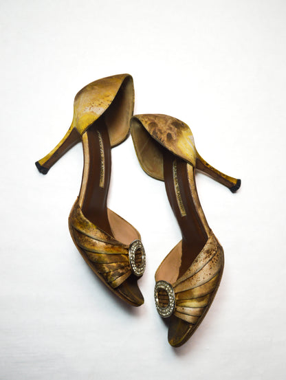 Gold Spotted Manolo Blahnik With Crystal Embellished Heels