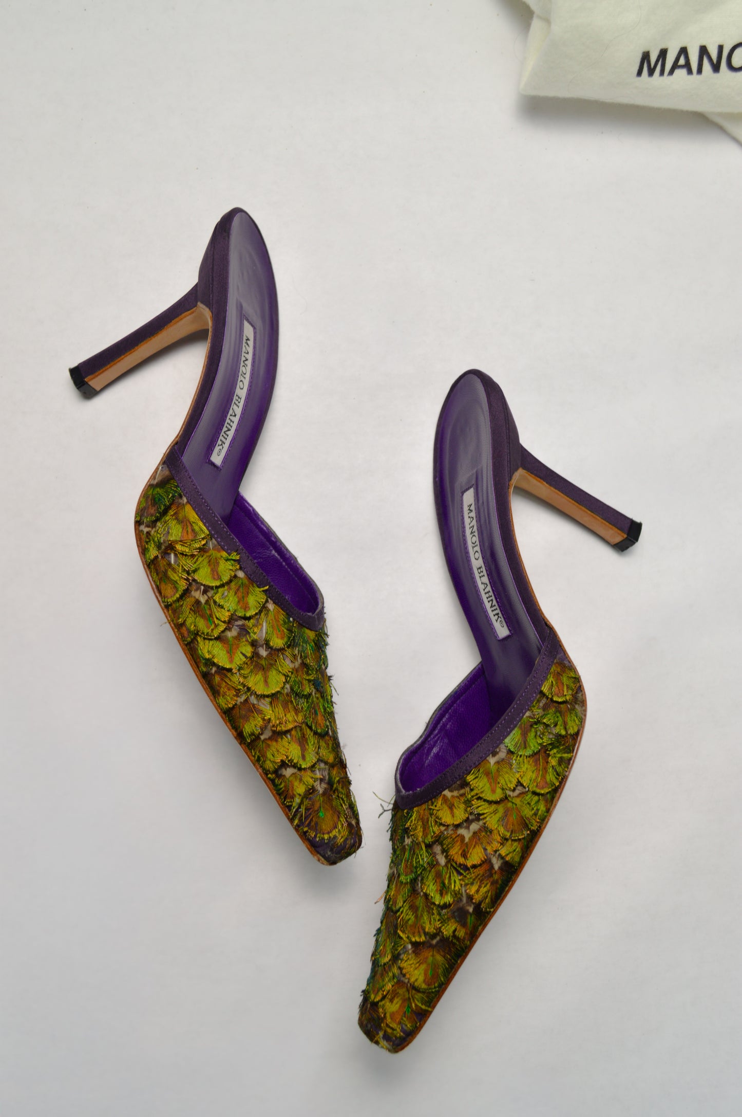 Rare Manolo Blahnik Peacock Feather Mule, AW’ 97