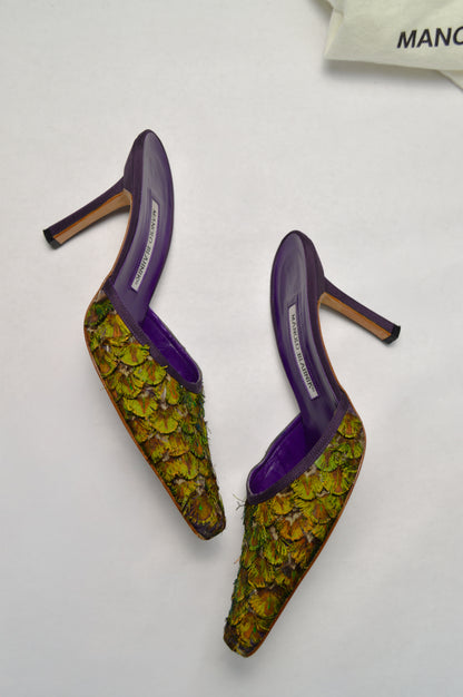 Rare Manolo Blahnik Peacock Feather Mule, AW’ 97