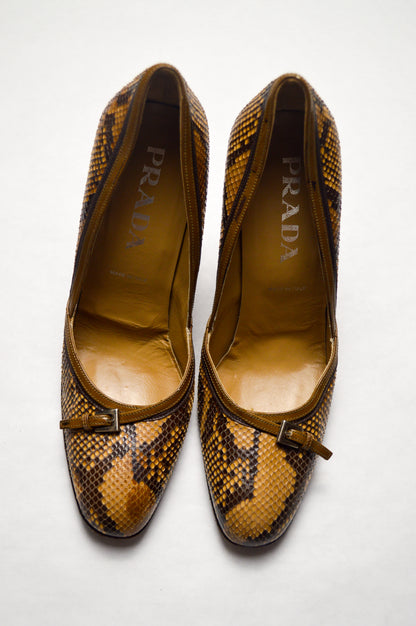 Prada Snakeskin Leather Stiletto High Heels With Decorative Buckle