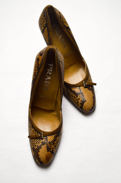 Prada Snakeskin Leather Stiletto High Heels With Decorative Buckle