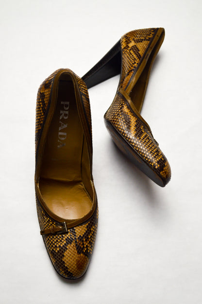 Prada Snakeskin Leather Stiletto High Heels With Decorative Buckle