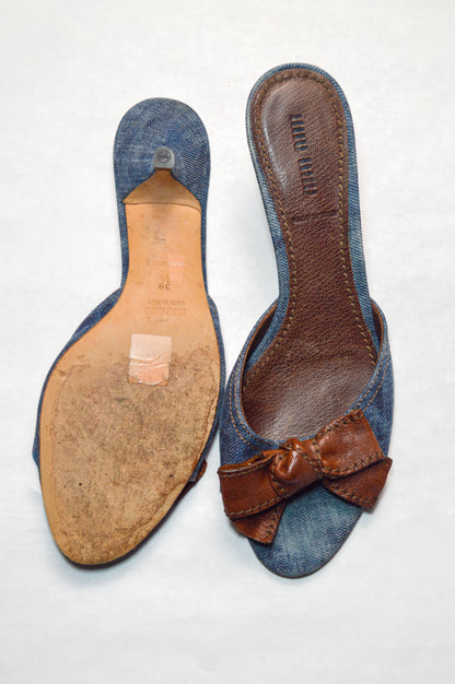 Miu Miu Denim Mule With Contrasting Chocolate Brown Bow S/S 2002