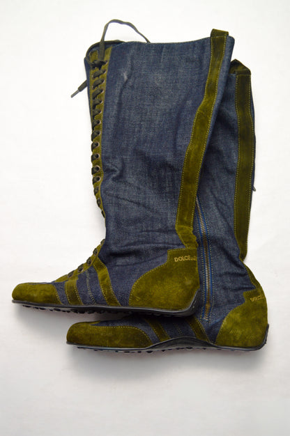 Dolce and Gabbama Denim And Suede Lace Up Boots
