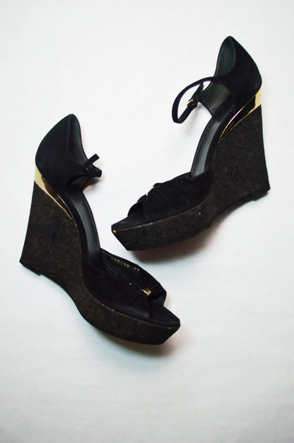 Gucci by Tom Ford Cork Wedge Black Suede Heels