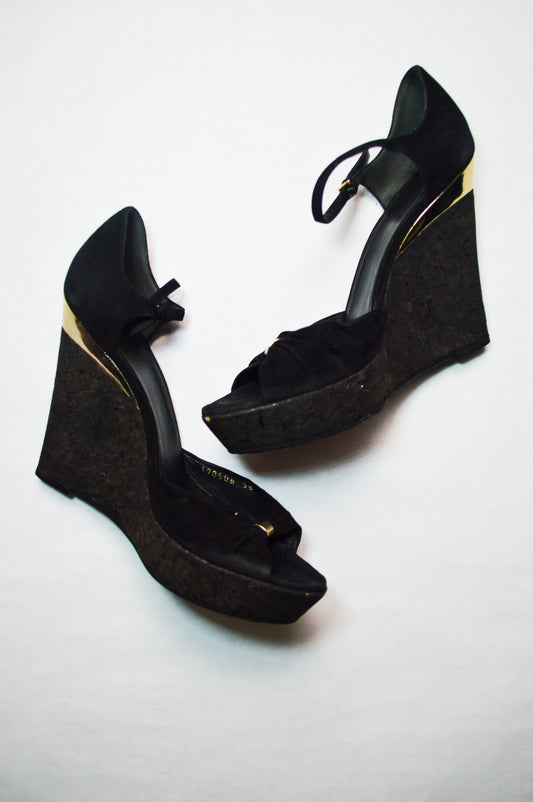 Gucci by Tom Ford Cork Wedge Black Suede Heels