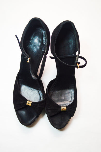 Gucci by Tom Ford Cork Wedge Black Suede Heels