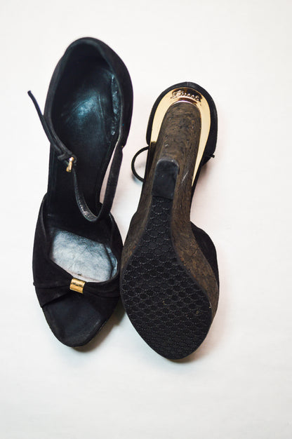 Gucci by Tom Ford Cork Wedge Black Suede Heels