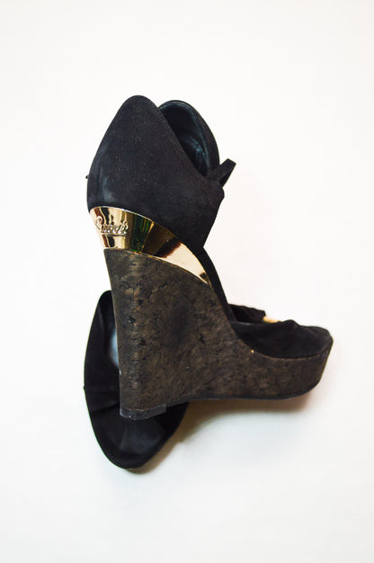Gucci by Tom Ford Cork Wedge Black Suede Heels