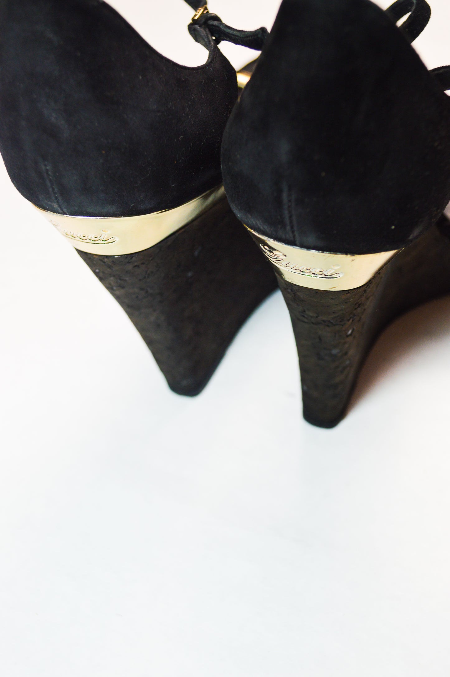 Gucci by Tom Ford Cork Wedge Black Suede Heels