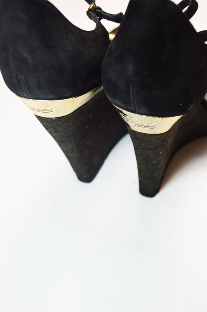 Gucci by Tom Ford Cork Wedge Black Suede Heels